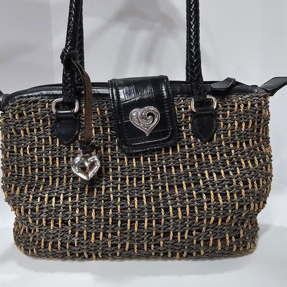 BRIGHTON WOVEN STRAW SATCHEL SHOULDER BAG, BLACK AND TAN - Picture 5 of 16